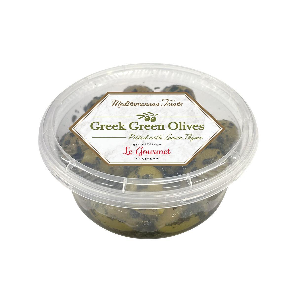 Pitted green olives with lemon thyme in clear plastic container, 150 g.