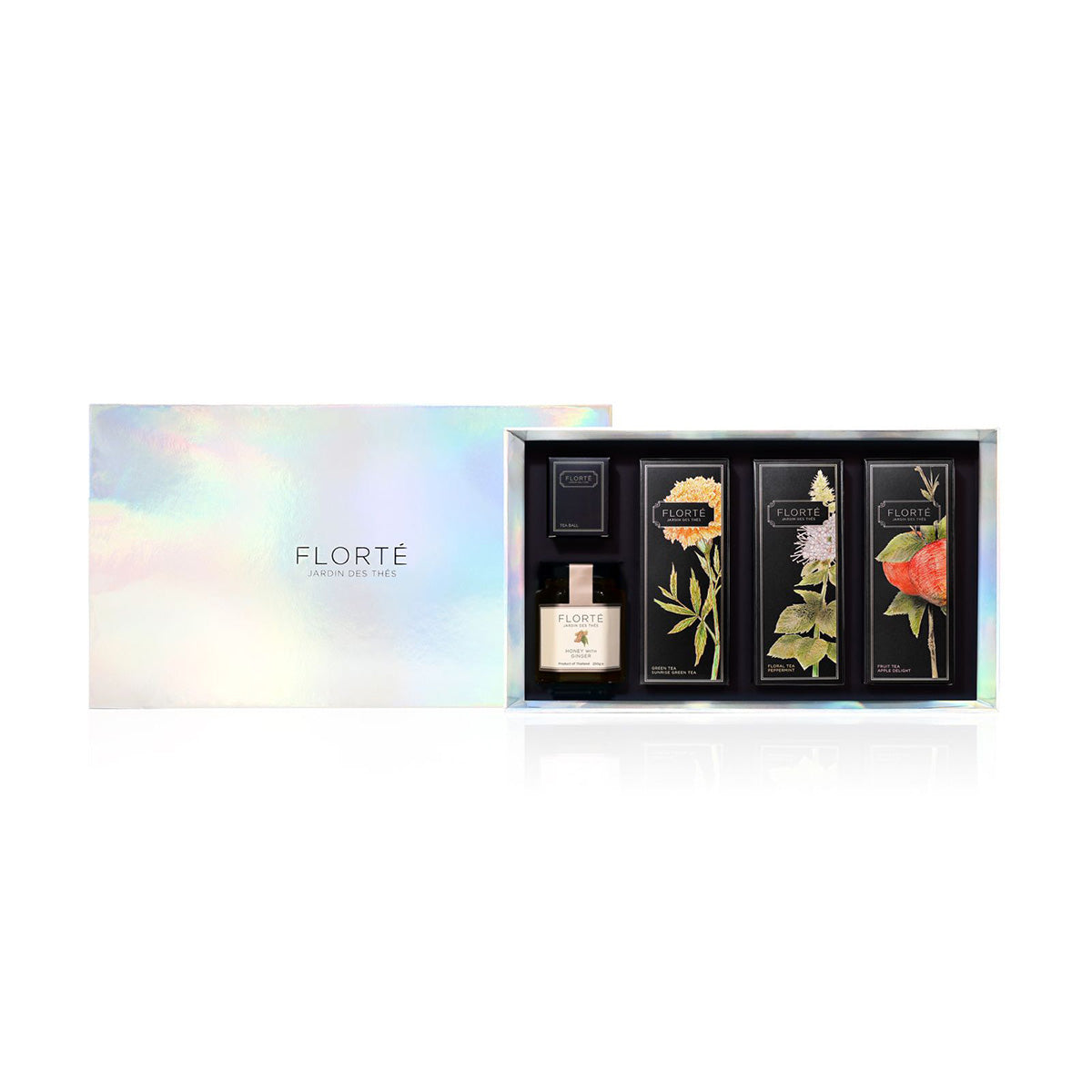 FLORTE 20th anniversary tea gift set with three loose tea pouches in box