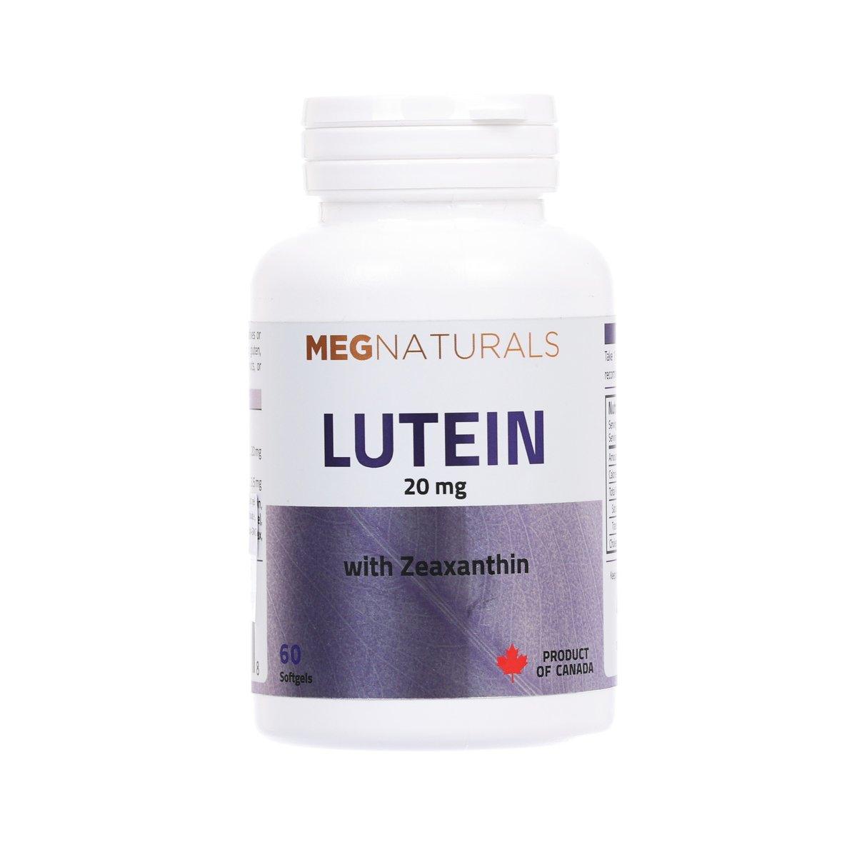 MEGNATURALS Lutein 20 mg softgel supplement bottle with Zeaxanthin, 60 count