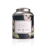 FLORTE loose floral tea tin: pink rose buds, 70g, black with rose print