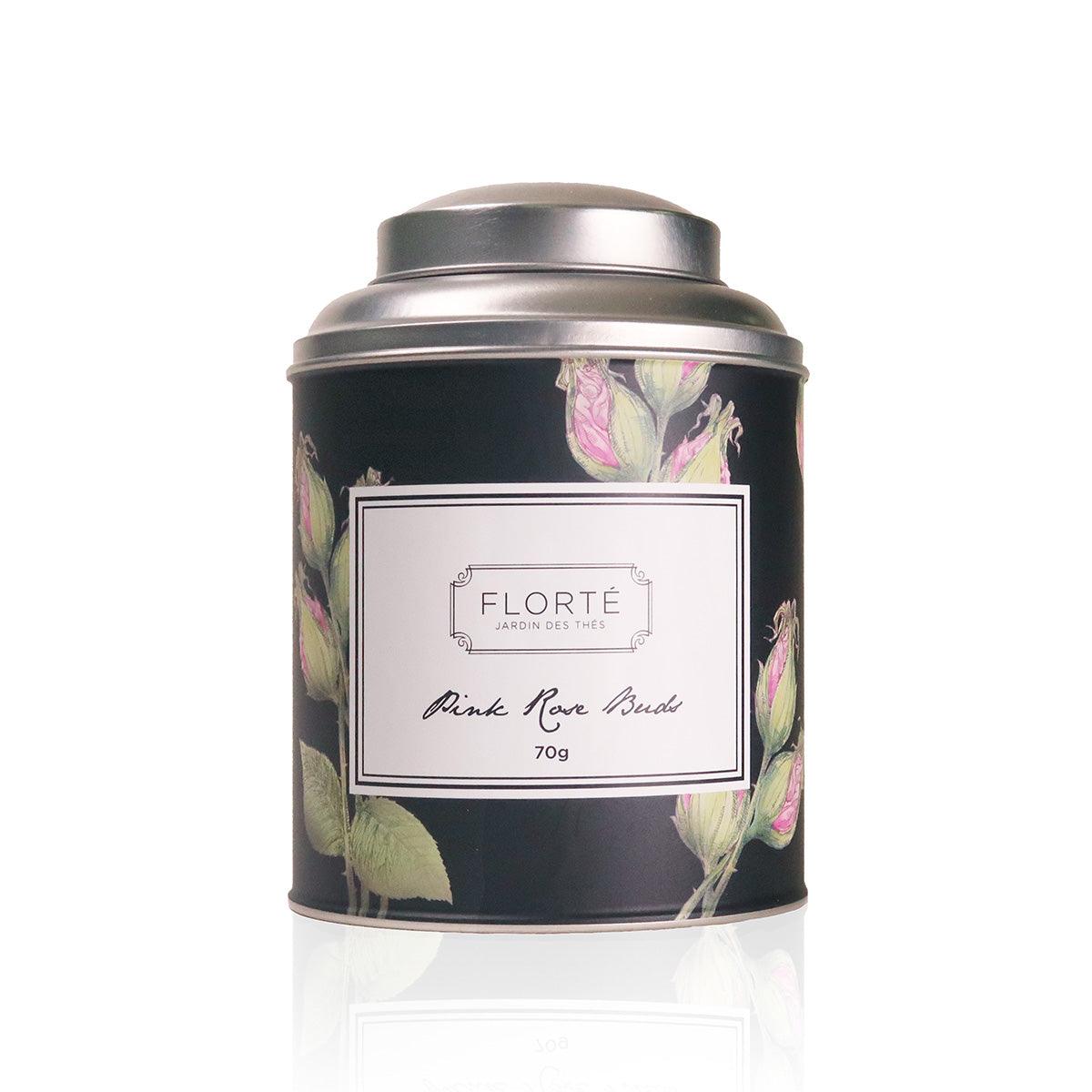 FLORTE loose floral tea tin: pink rose buds, 70g, black with rose print