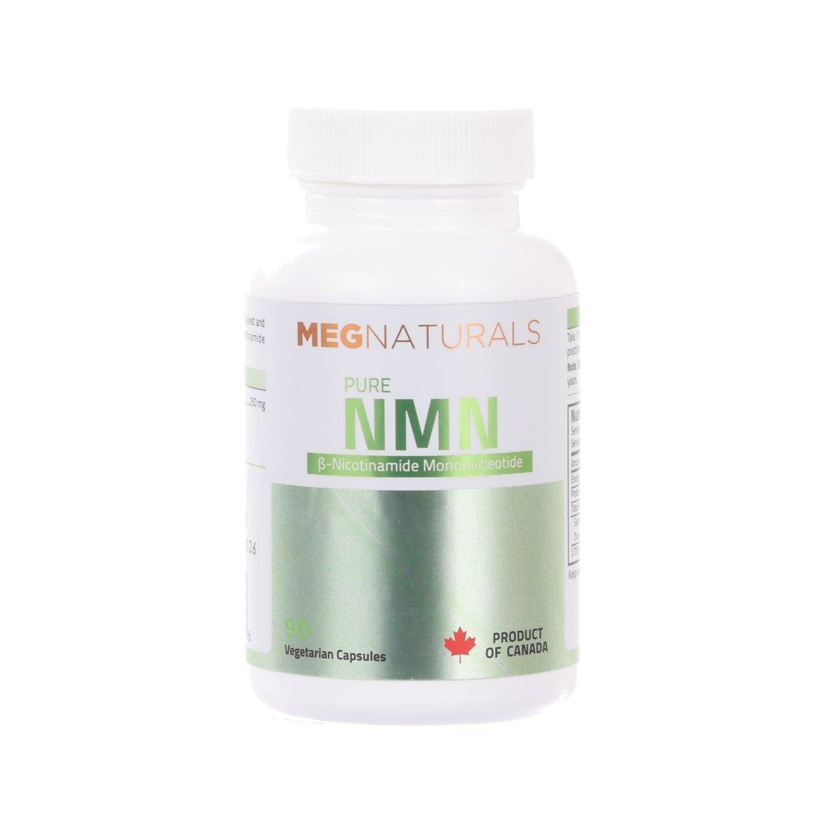 NMN dietary supplement capsules bottle with green 'Pure NMN' label and white cap