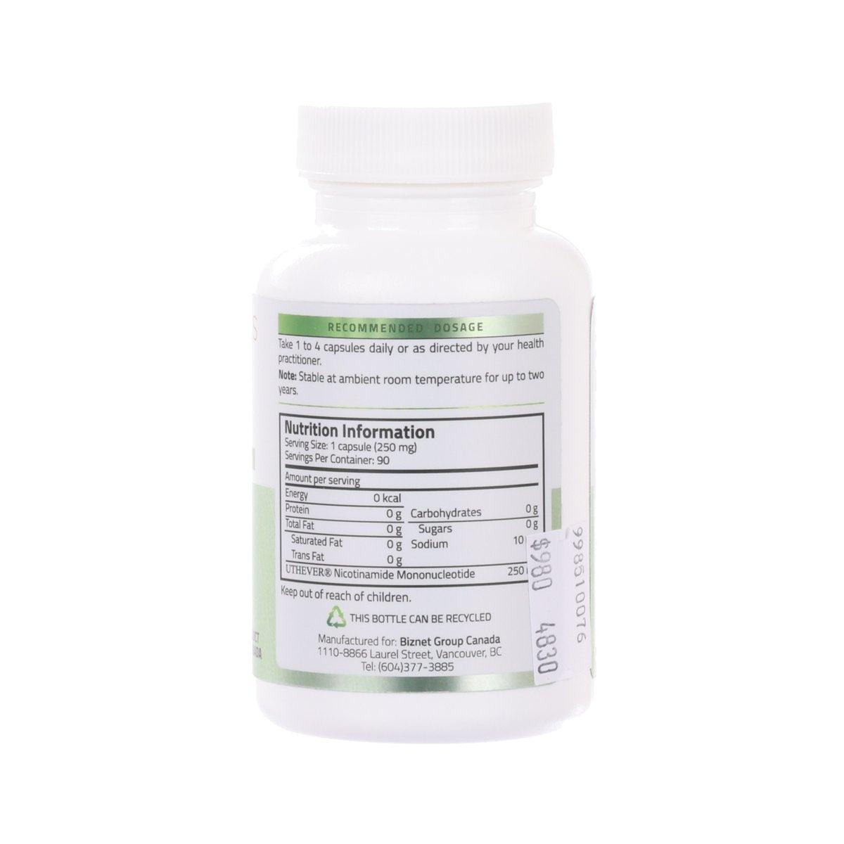 NMN capsules bottle back label with nutrition facts and recommended dosage text