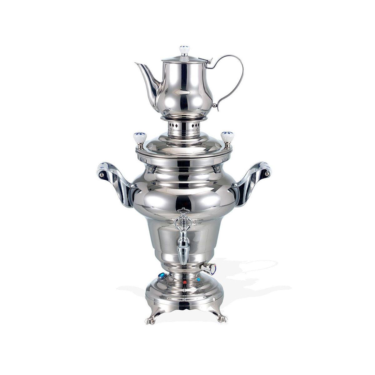 Silver samovar with teapot spout, side handles, and central tap, 3L