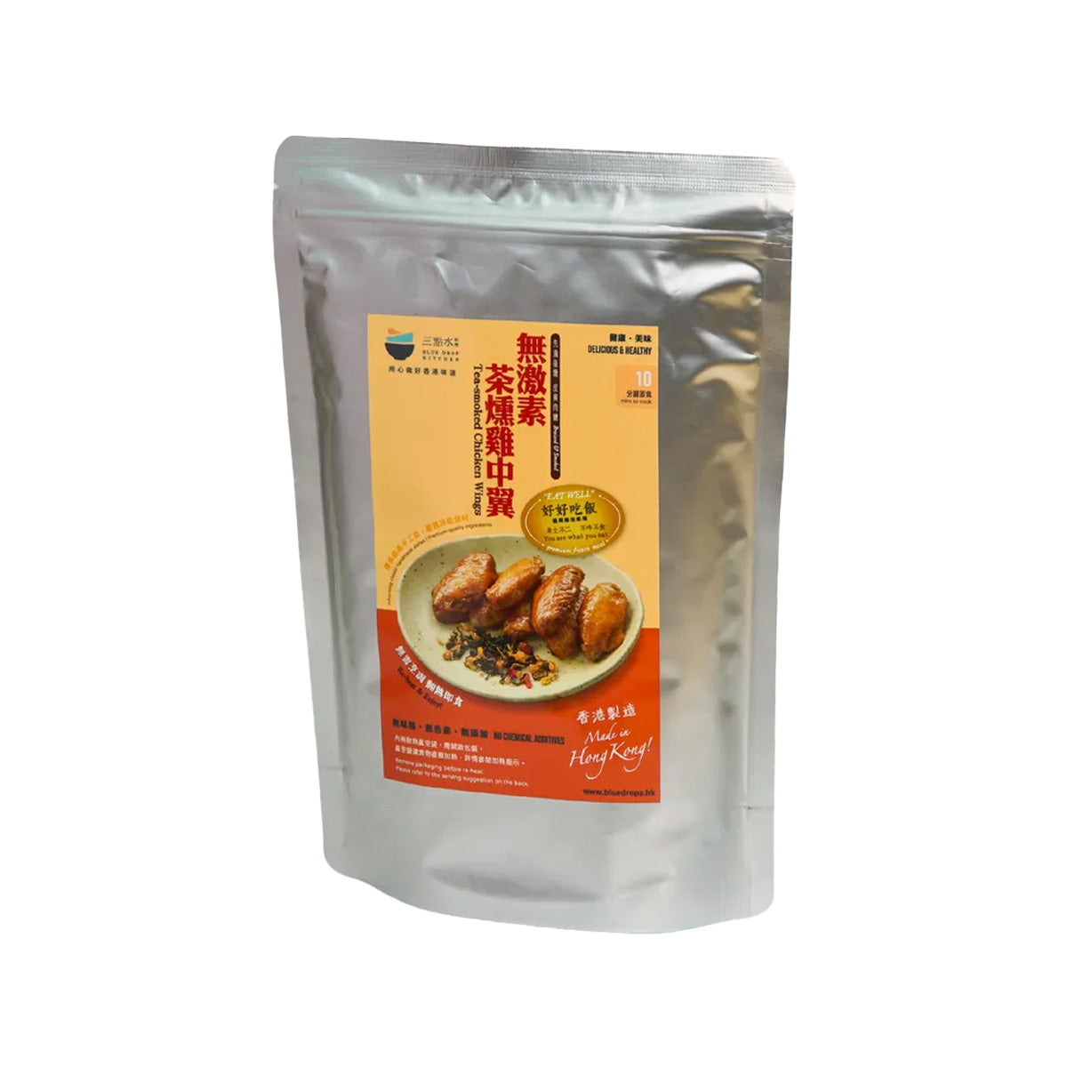 BLUEDROP tea-smoked chicken wings pouch, sealed silver bag with front label