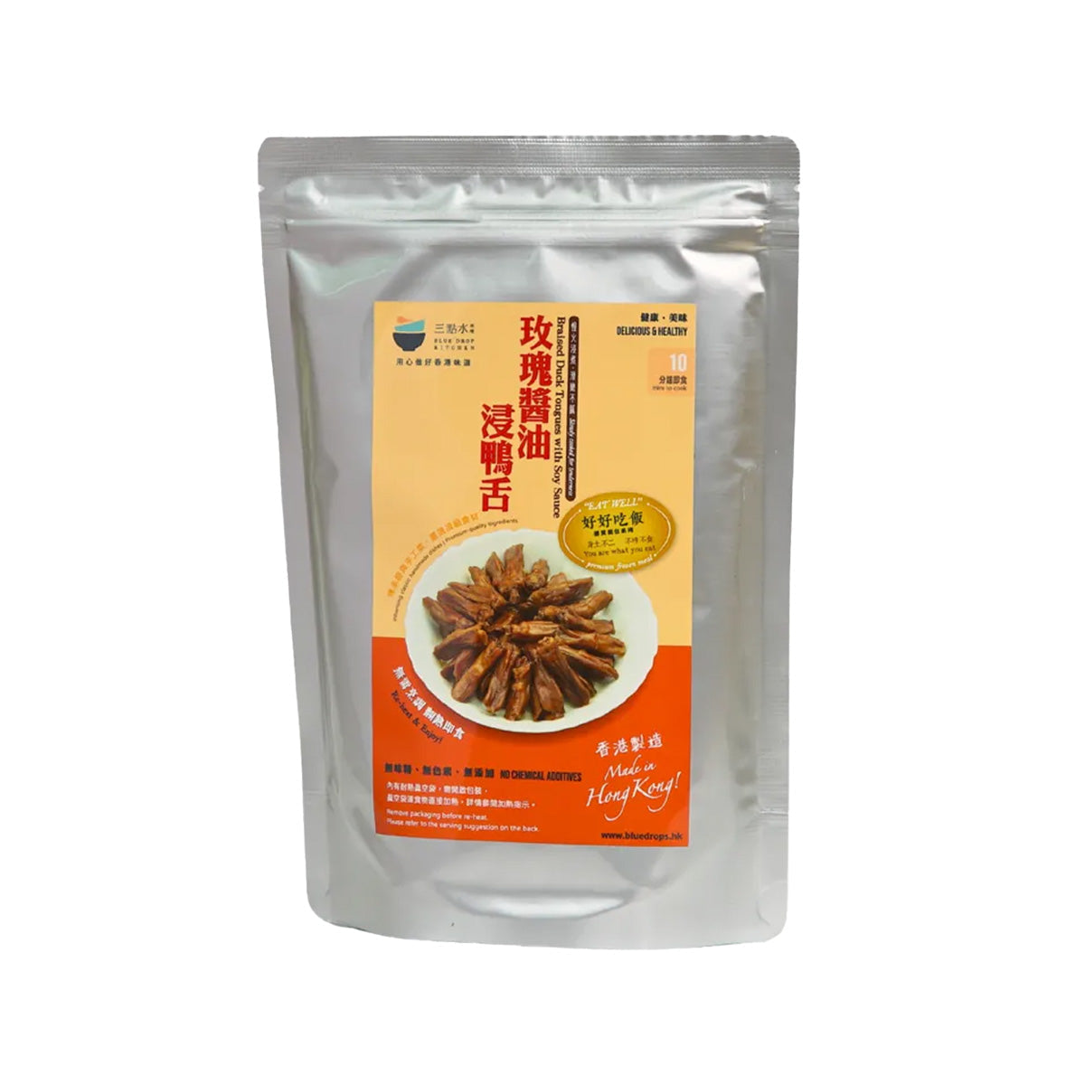 BLUEDROP braised duck tongues with soy sauce 180g pouch, front label