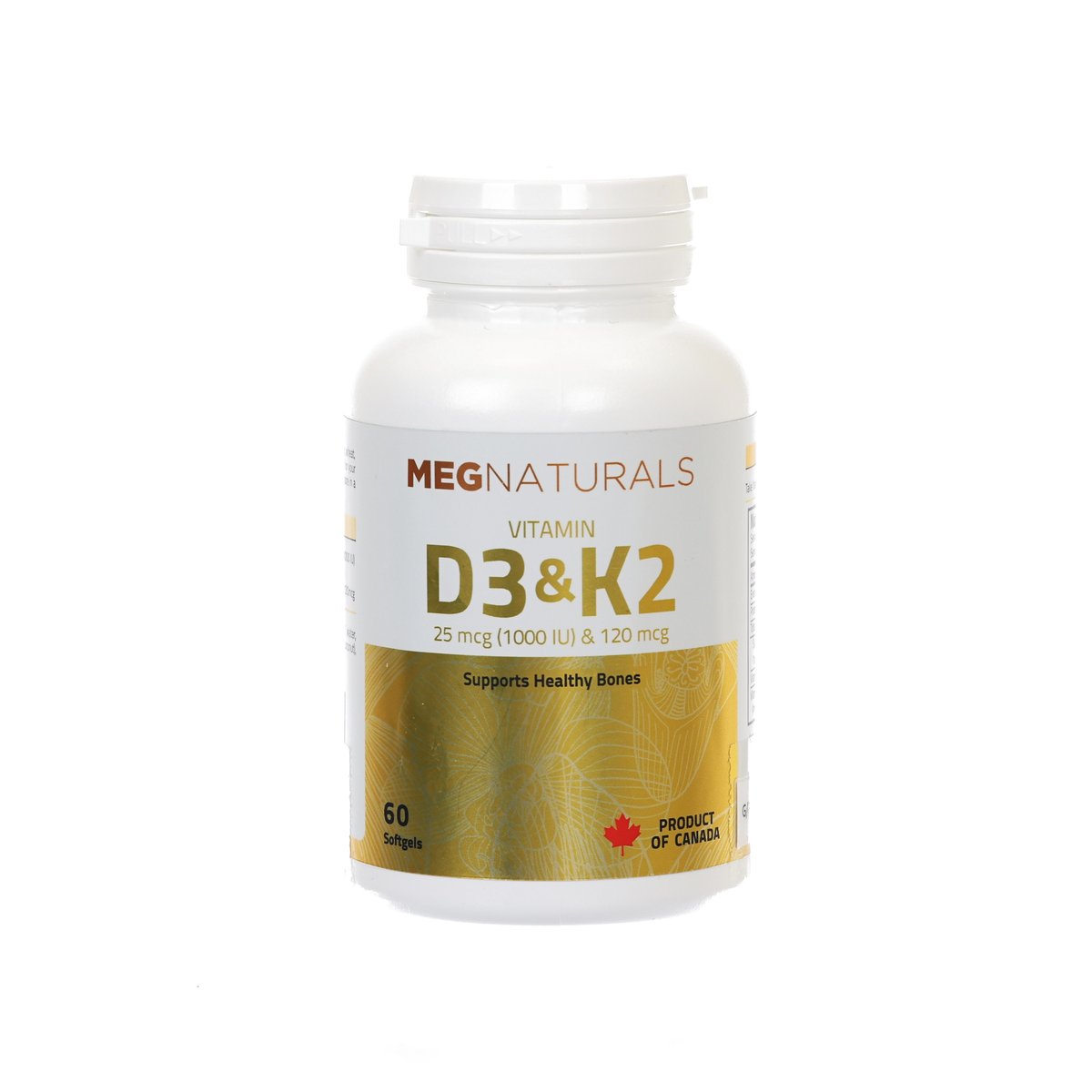 Vitamin D3 + K2 supplement bottle with gold front label and 60 capsules