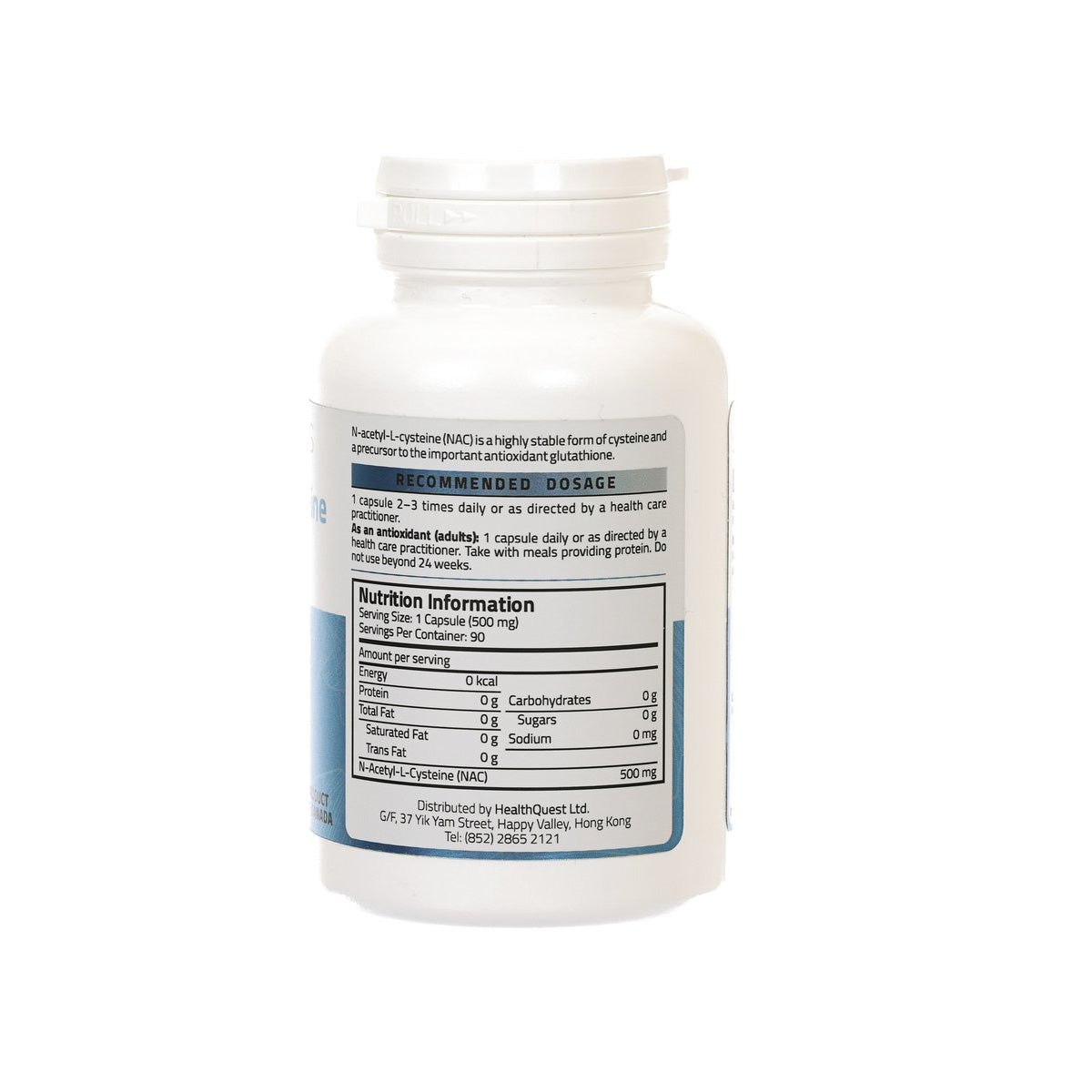 N-Acetyl-L-Cysteine supplement bottle, nutrition facts label, 500 mg per capsule