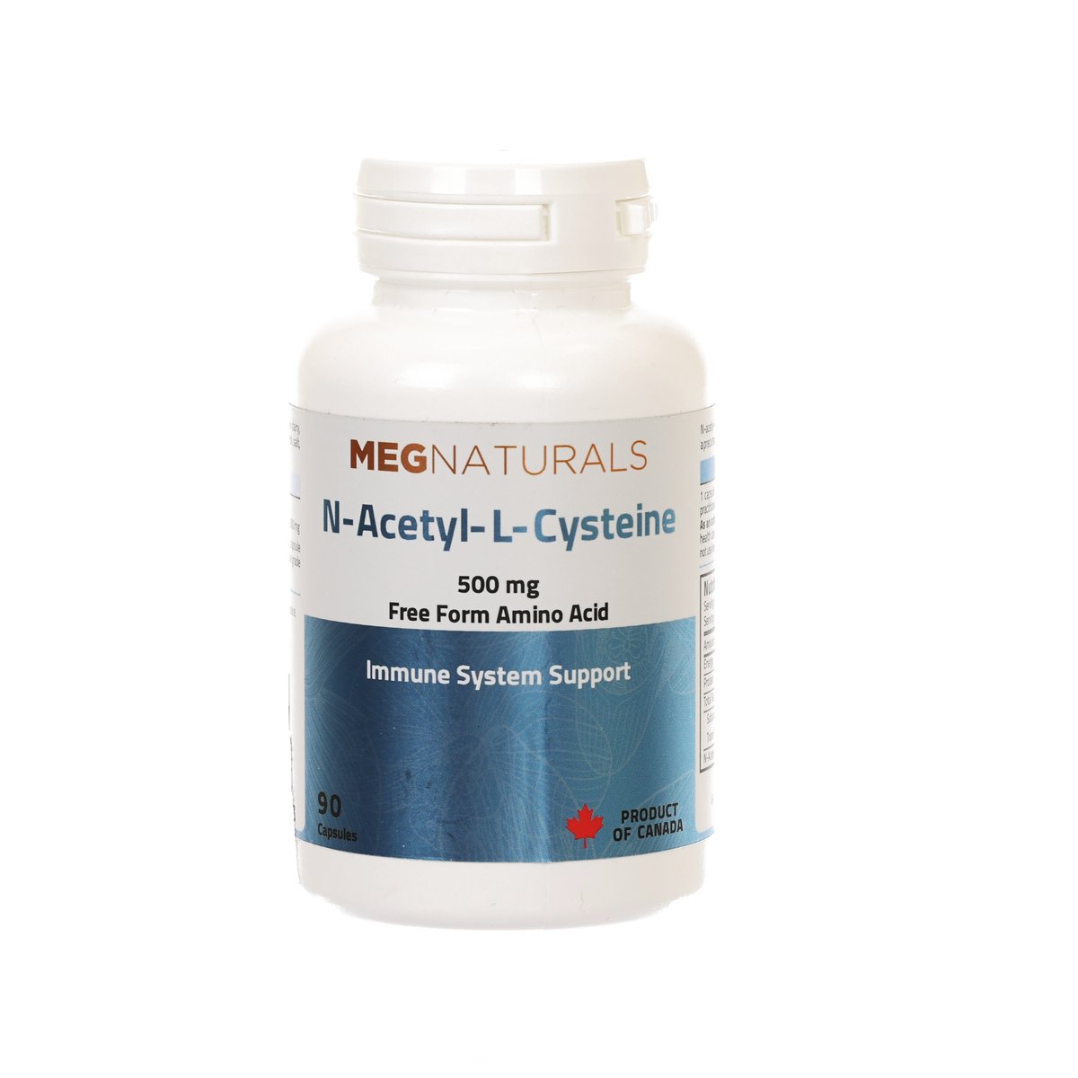 N-Acetyl-L-Cysteine supplement bottle, white cap, 90 capsules, 500 mg