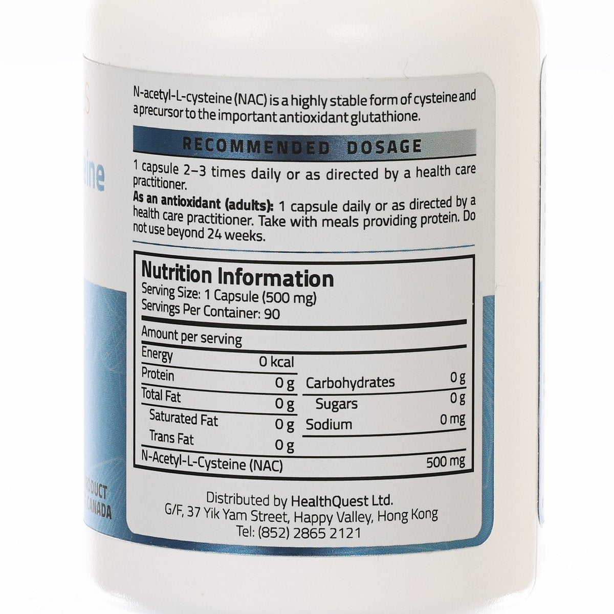 N-Acetyl-L-Cysteine supplement bottle, recommended use and nutrition information panel
