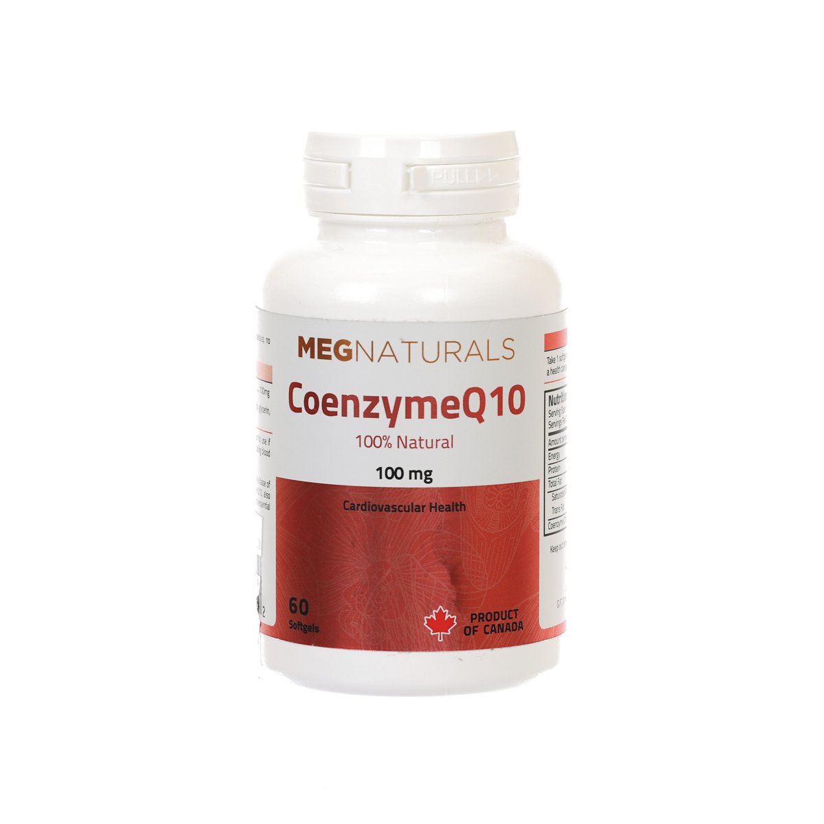 White supplement bottle with red Coenzyme Q10 label, 100 mg, 60 softgels.