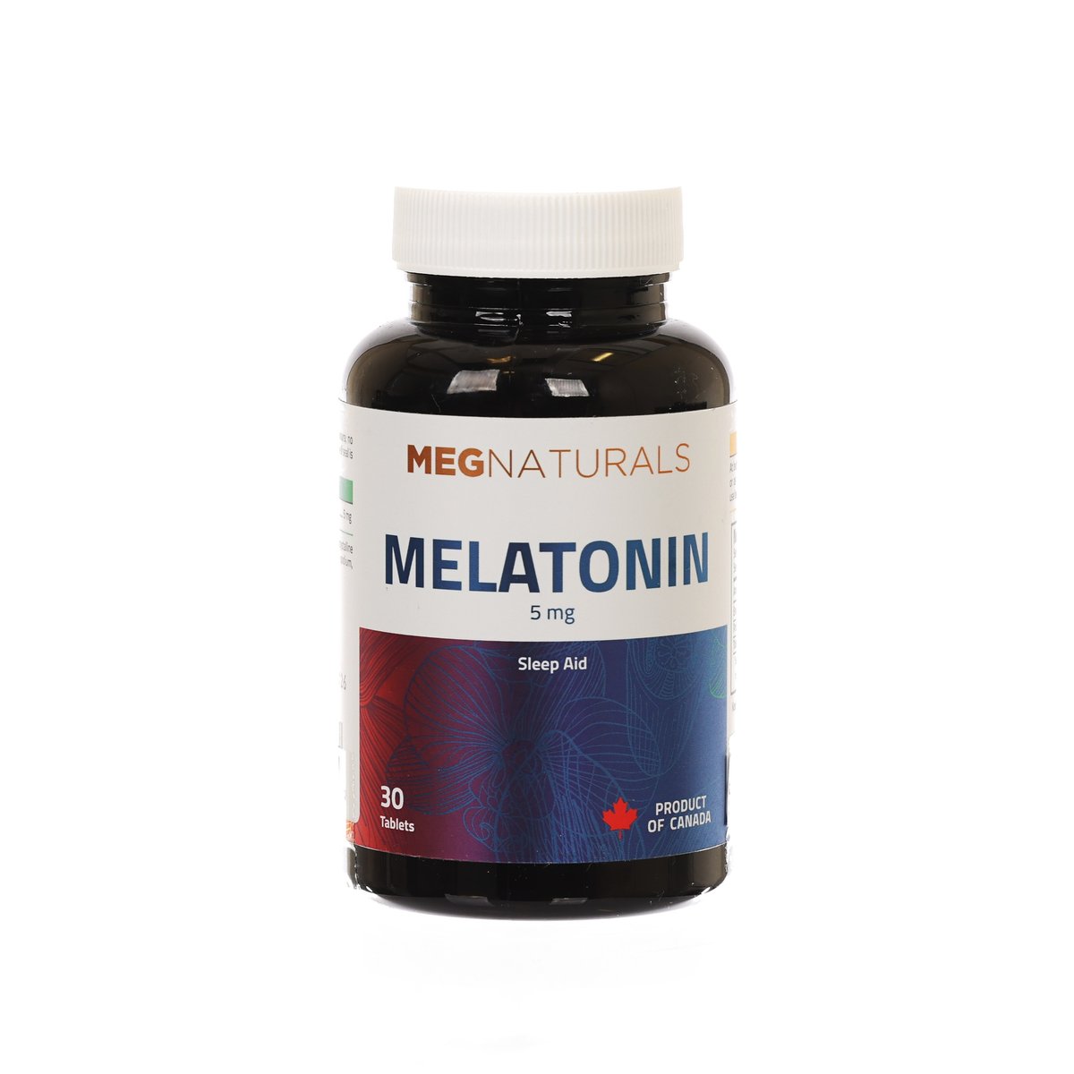 Melatonin 5 mg supplement bottle with blue front label, 30 tablets