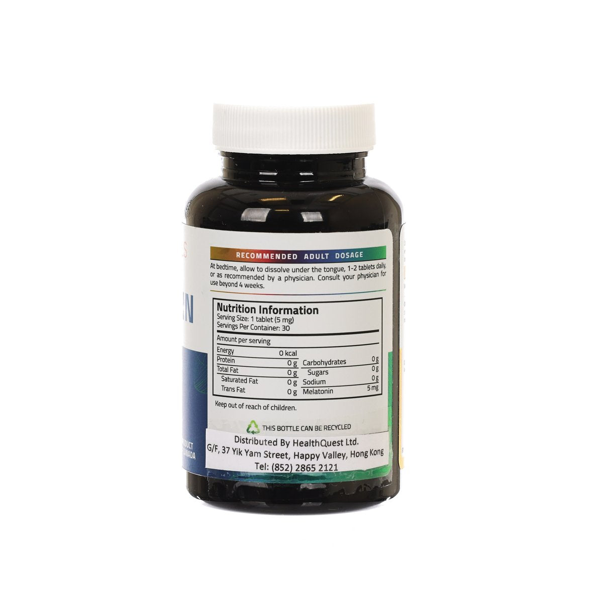 Melatonin supplement bottle with nutrition information and adult dosage panel