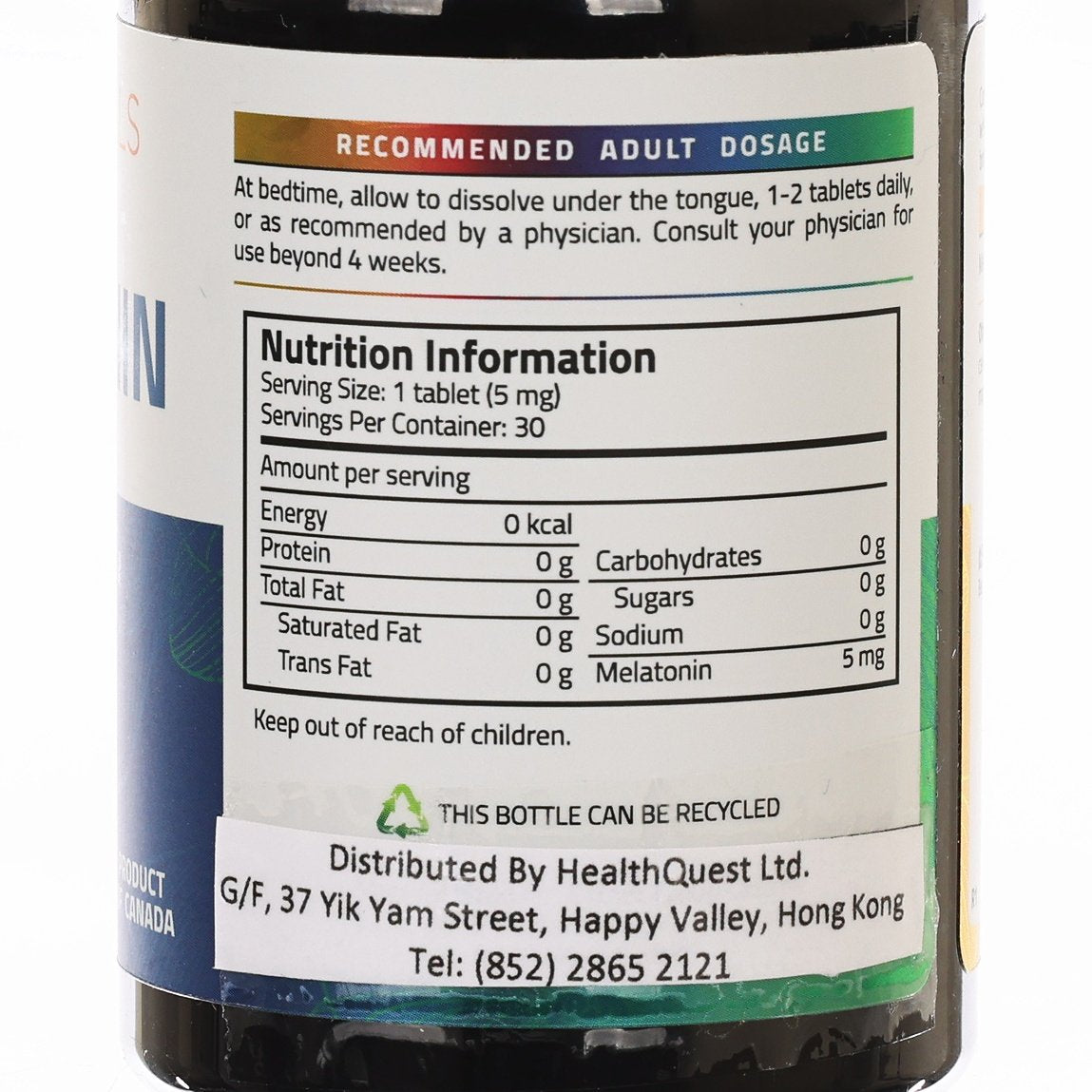 Melatonin 5 mg nutrition facts close-up: calories, sugar, and 5 mg melatonin