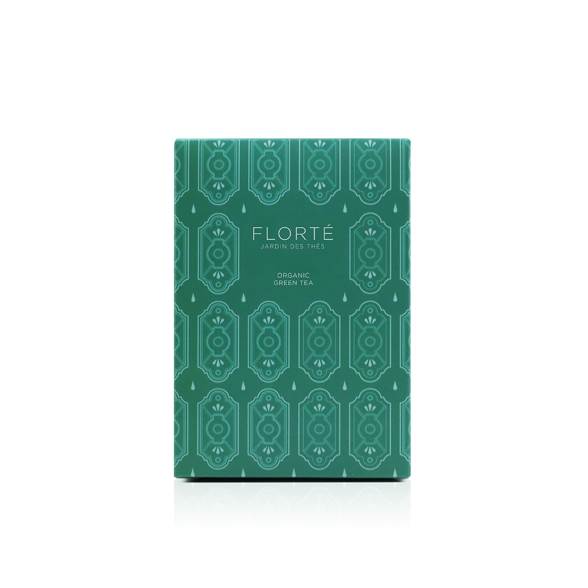 FLORTE organic green tea bag box, dark green with FLORTE logo