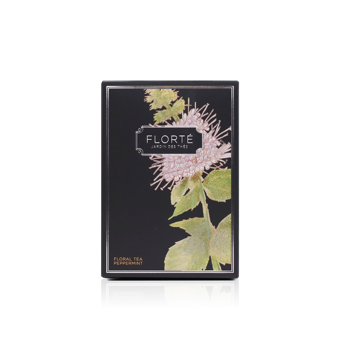 FLORTE floral peppermint tea bag box, 15 g, black with botanical label