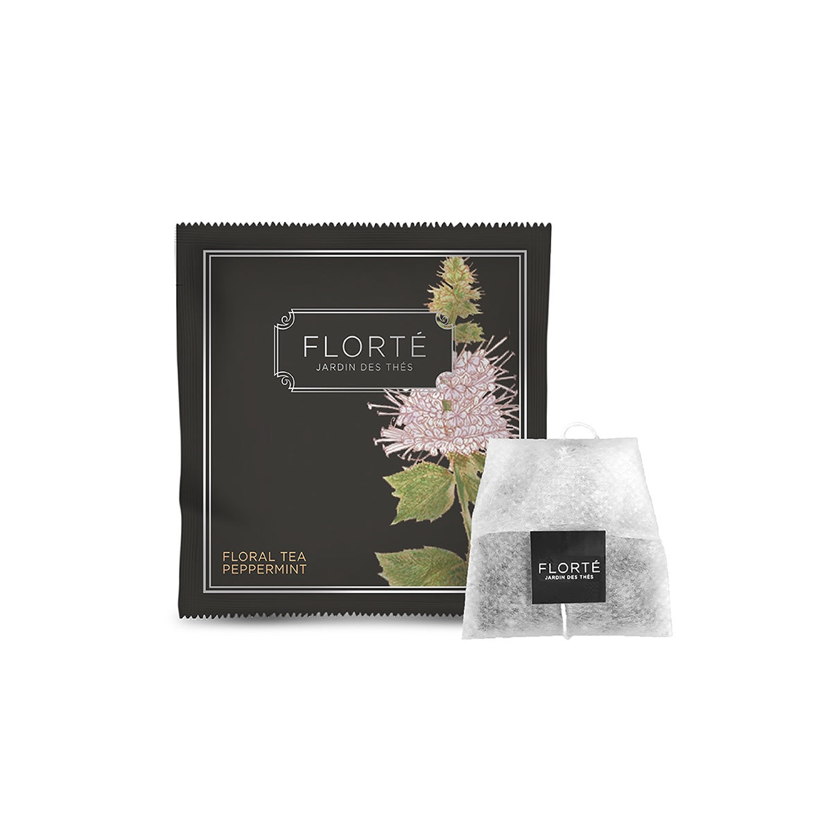 FLORTE peppermint tea bag sachets with outer box, floral botanical design