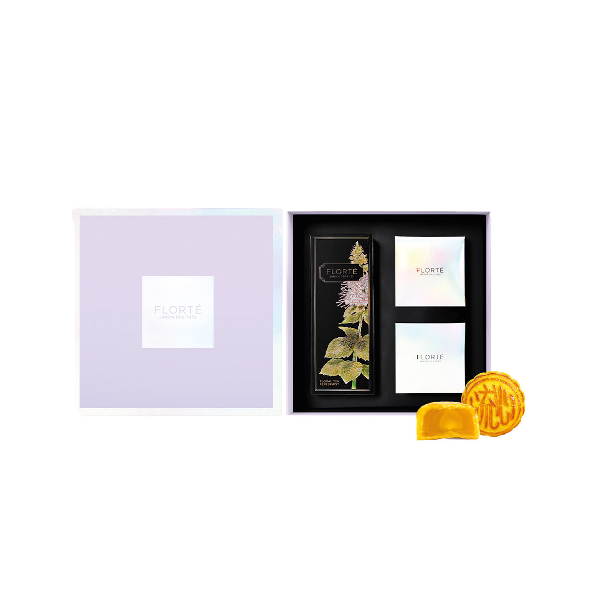 Mooncake gift set gift box with lid open, tea boxes and two mooncakes
