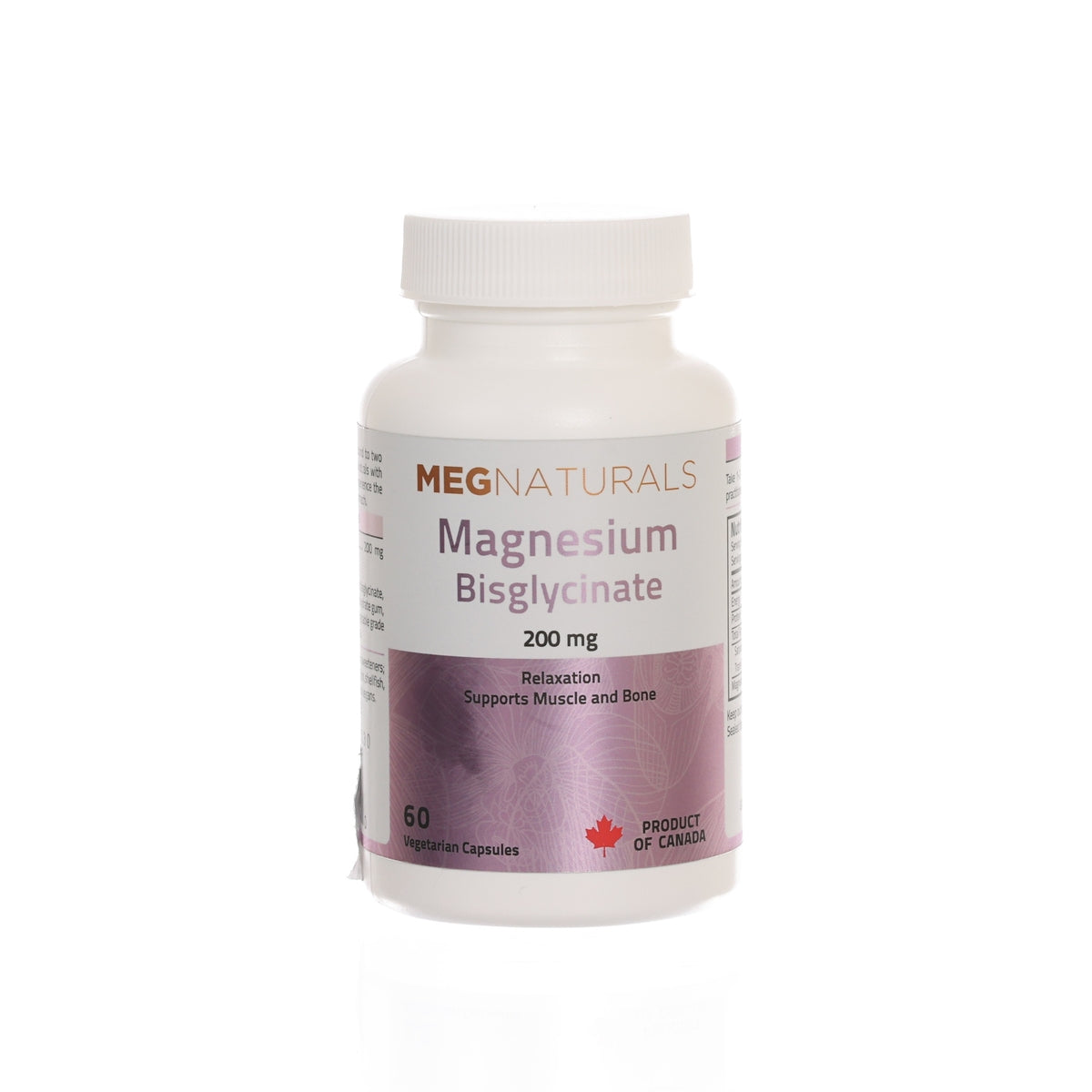 Magnesium bisglycinate capsules bottle with white cap, 200 mg label front
