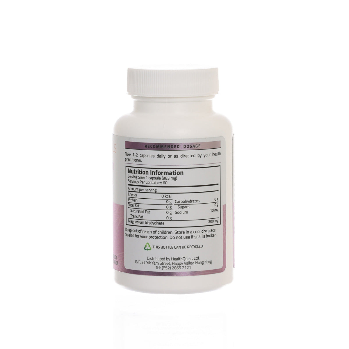 Magnesium bisglycinate capsules bottle back label with dosing and recycling text