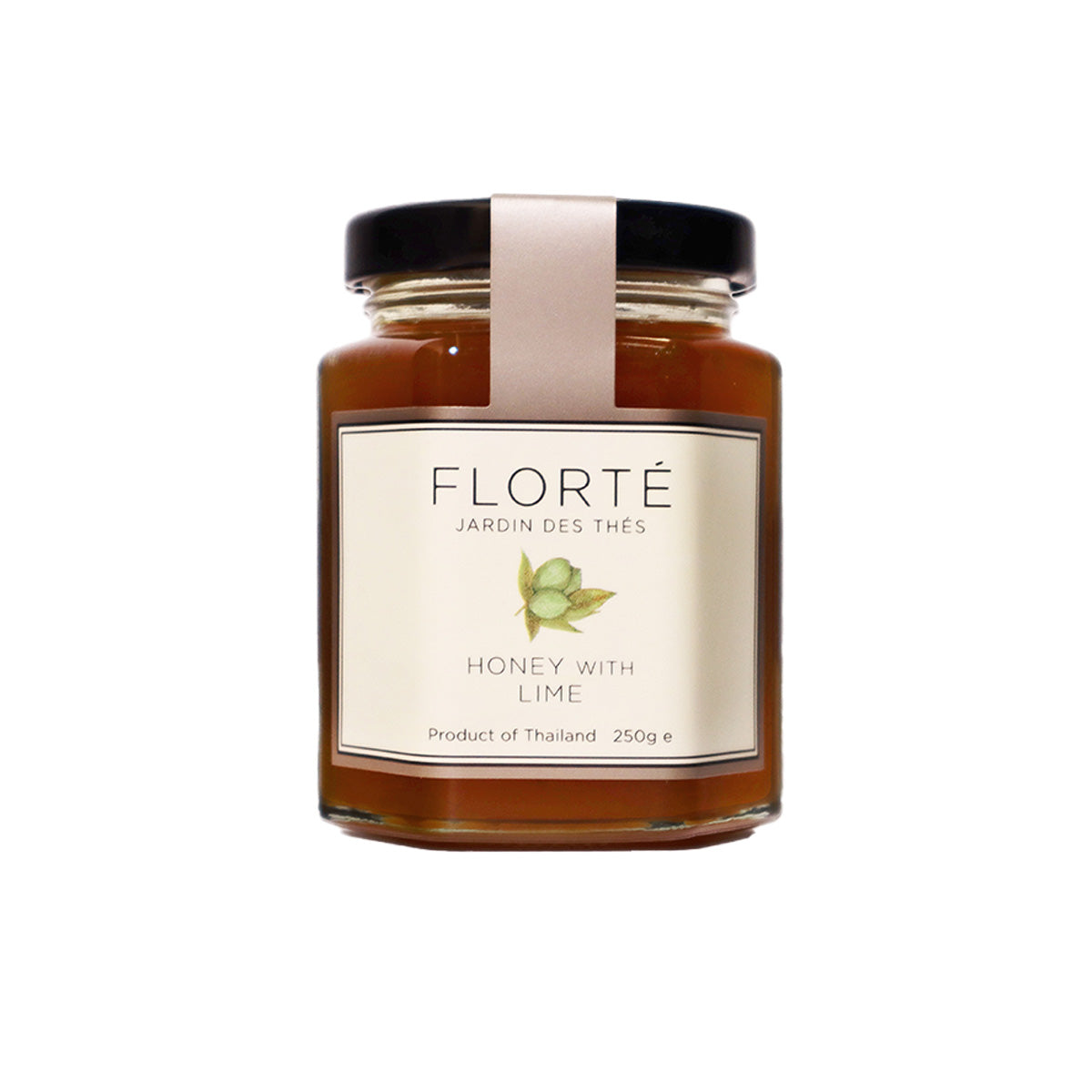Glass jar of honey with lime, amber contents and branded front label