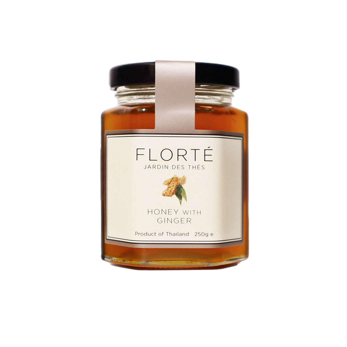 Ginger honey jar, amber glass with cream label and brown cap