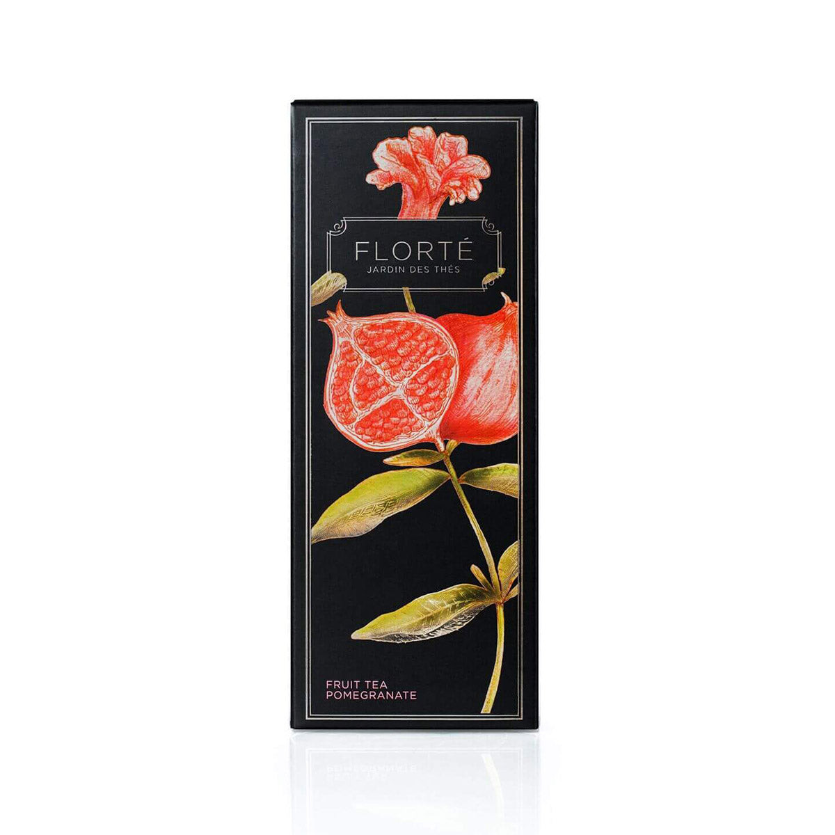FLORTE loose fruit tea sachet box, pomegranate flavor, black with pomegranate fruit illustration