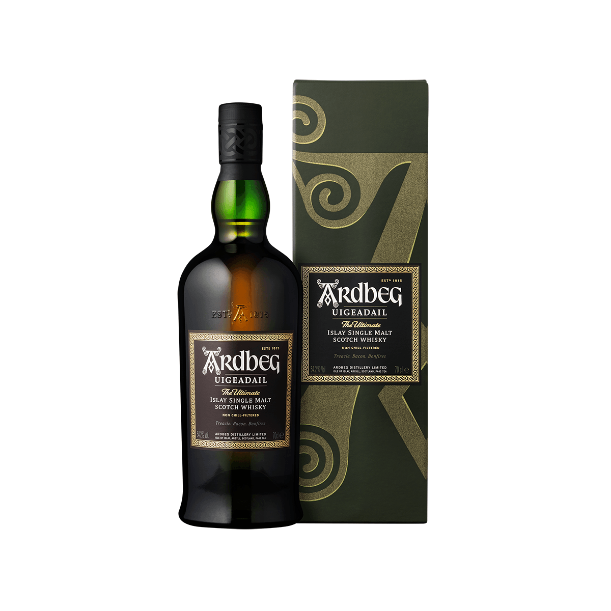 Ardbeg Uigeadail single malt Scotch whisky bottle with matching green label box, 700 mL