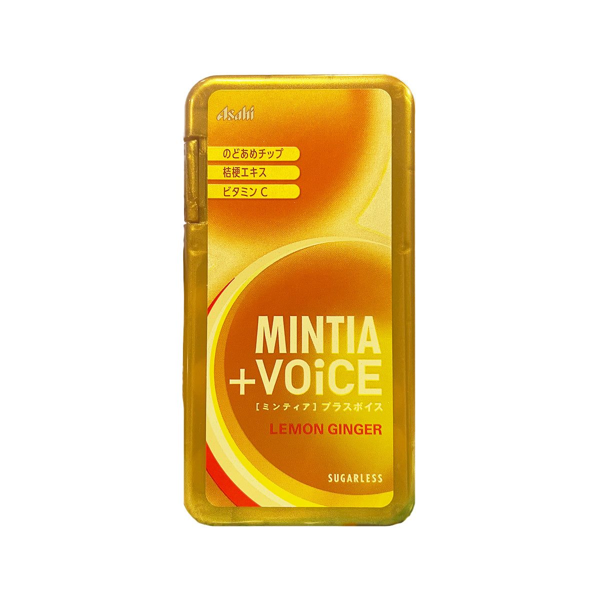 ASAHI Mintia + Voice lemon ginger sugarless tablet pack, gold front label