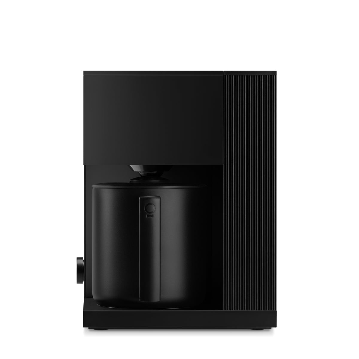FELLOW Aiden matte black coffee maker side view with ribbed housing panel