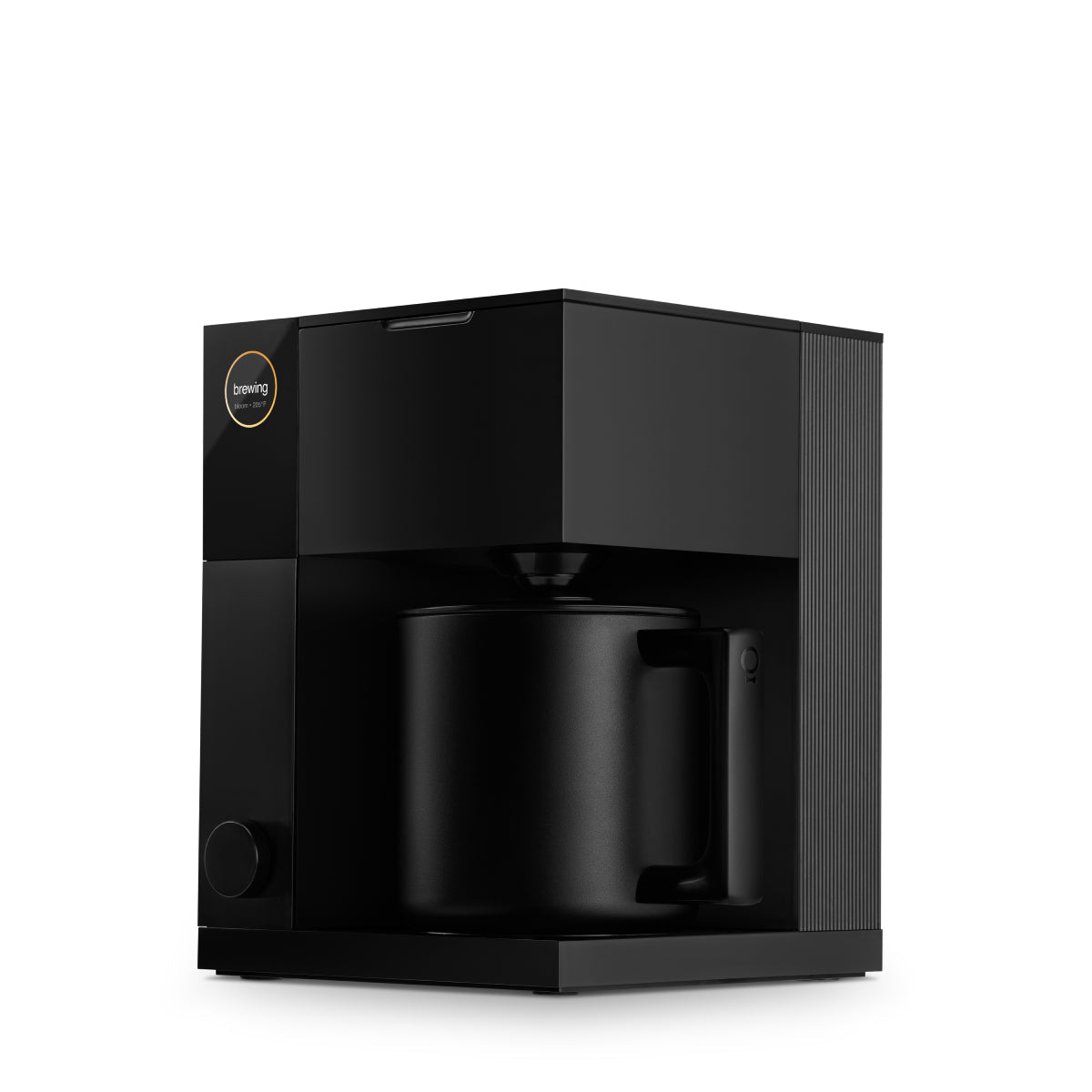 FELLOW Aiden matte black coffee maker 3/4 view with carafe inside
