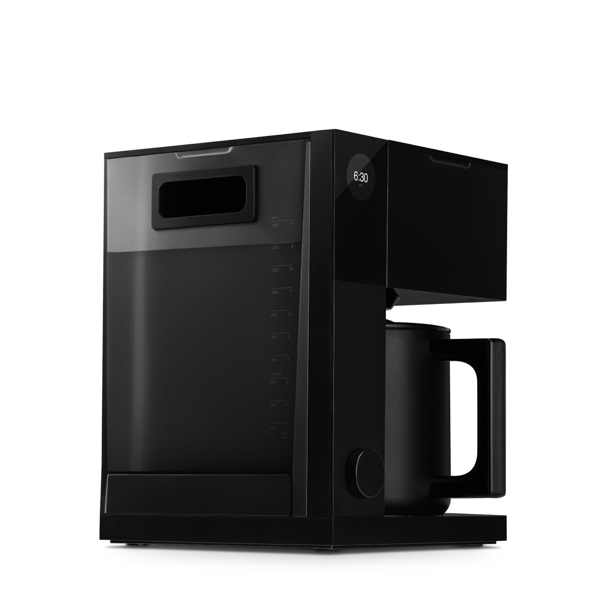 FELLOW Aiden matte black coffee maker front view with carafe and display