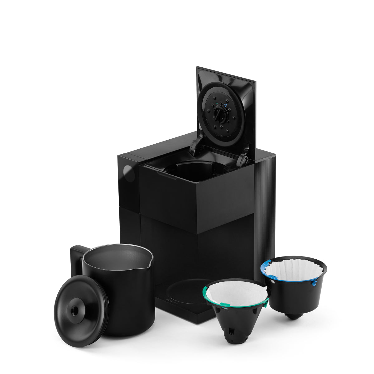 FELLOW Aiden matte black coffee maker with carafe, filters, and scoop