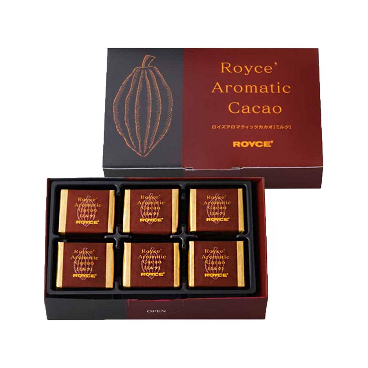 Milk aromatic cacao chocolate assortment in open box, six rectangular pieces