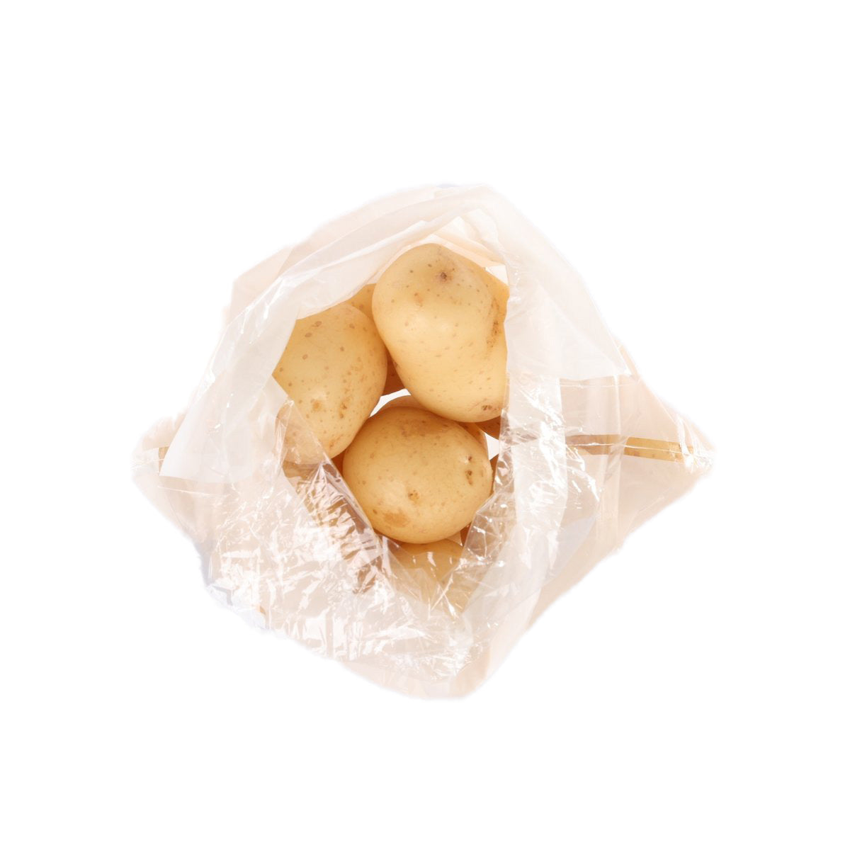 Bag of potatoes in clear plastic, showing four golden-brown potatoes