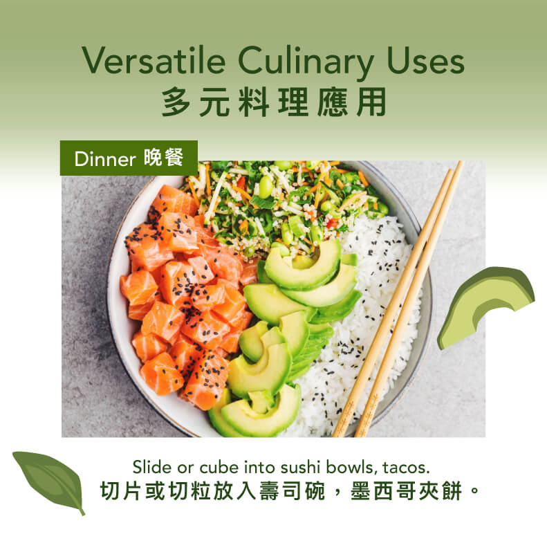 Avocado culinary uses graphic with dinner bowl of vegetables and rice