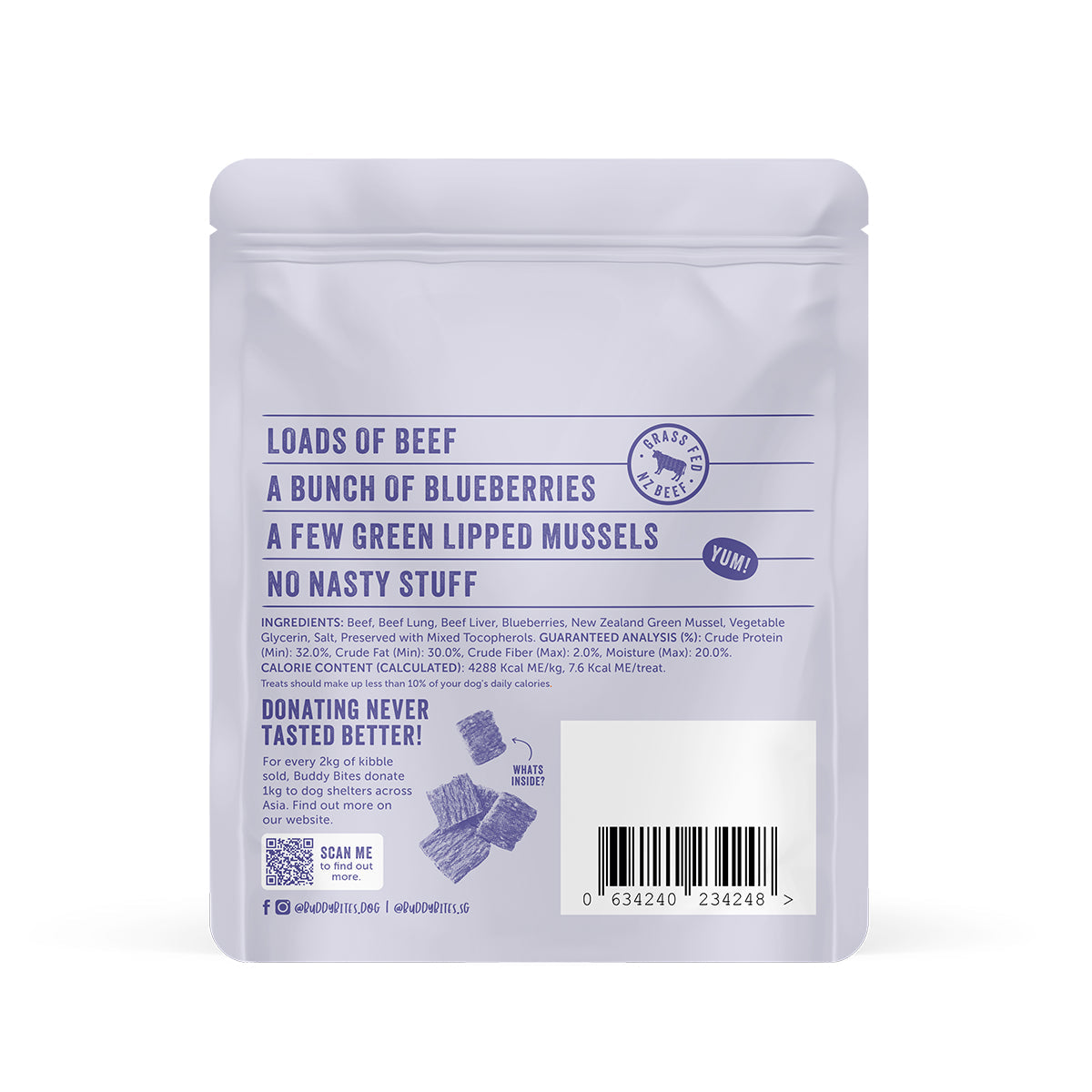 Buddy Bites dog treats pouch back label with ingredients, claims, and barcode