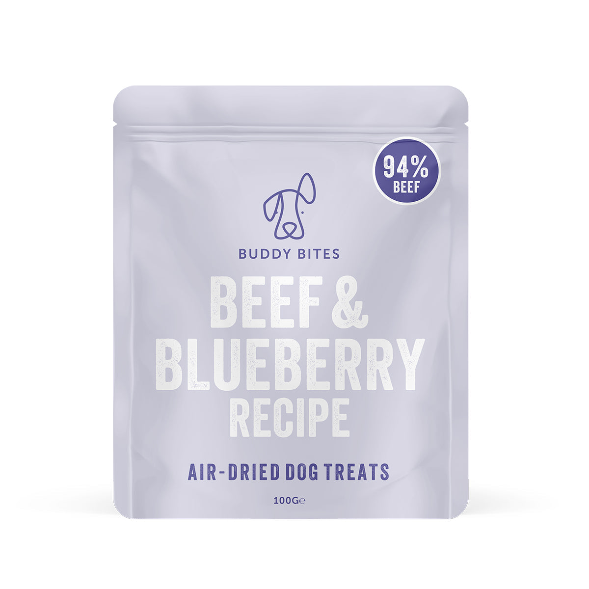 Buddy Bites beef and blueberry recipe air-dried dog treats pouch, front label