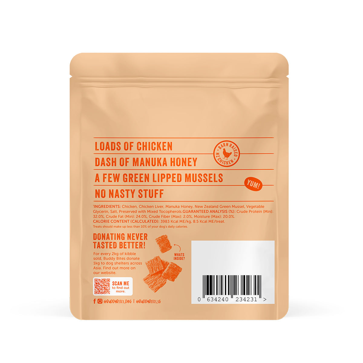 BUDDY BITES chicken & honey dog treat bag back with ingredients text and barcode