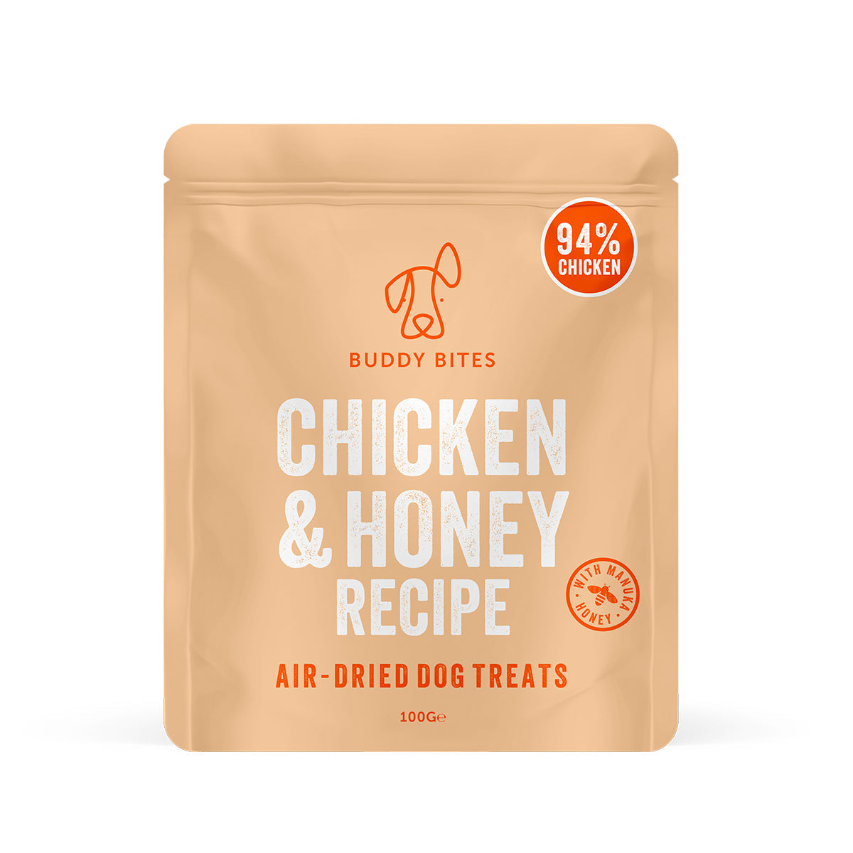 BUDDY BITES chicken & honey dog treat pouch, 94% chicken, air-dried, 100g