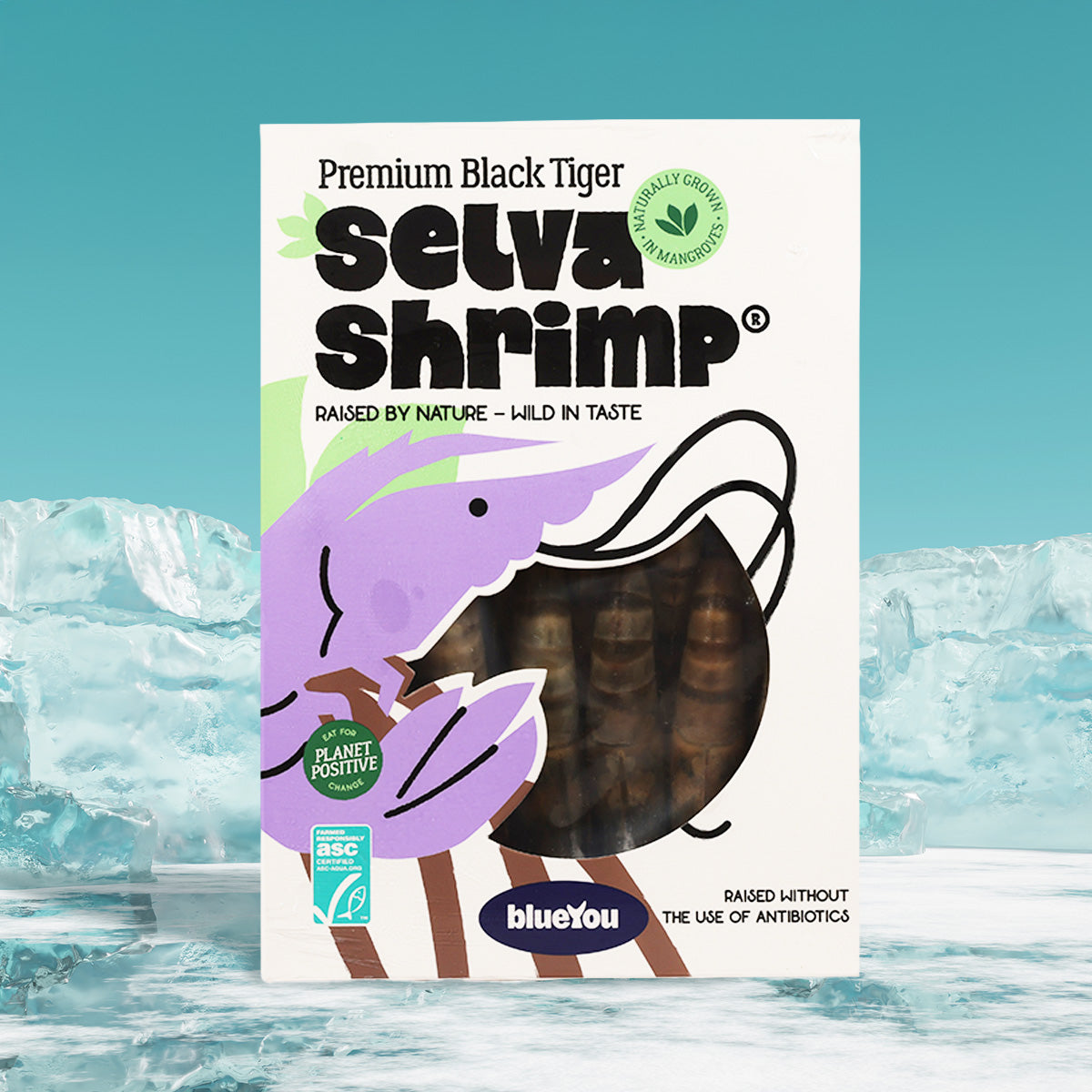 Frozen raw black tiger shrimp package, shell-on shrimp in sealed pouch