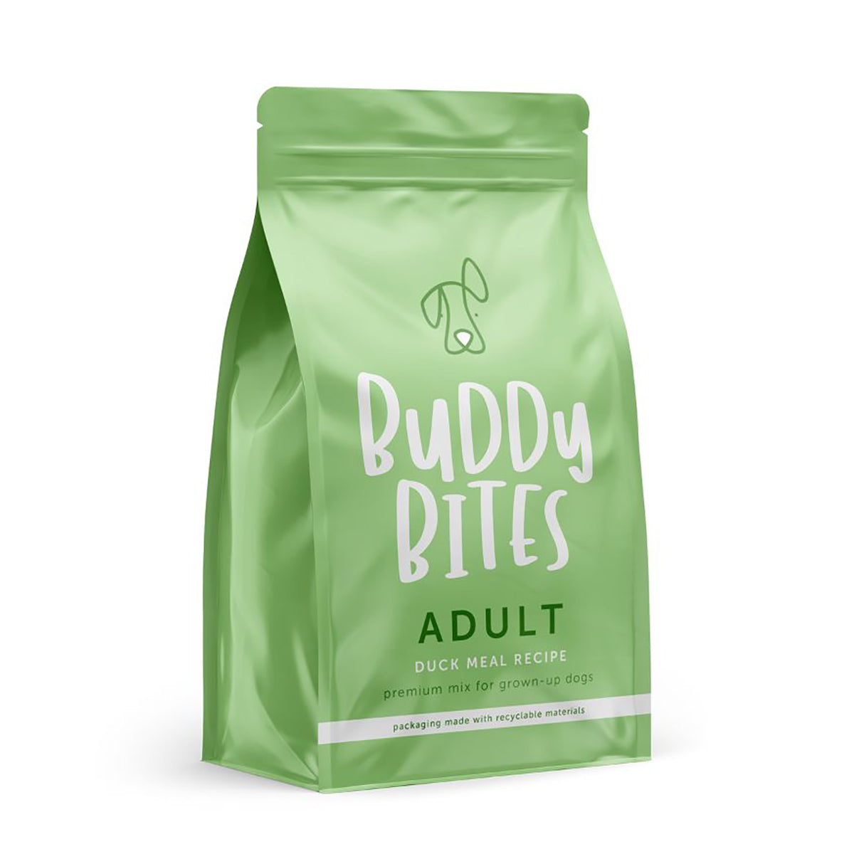 Green BUDDY BITES adult duck meal pouch, angled front view