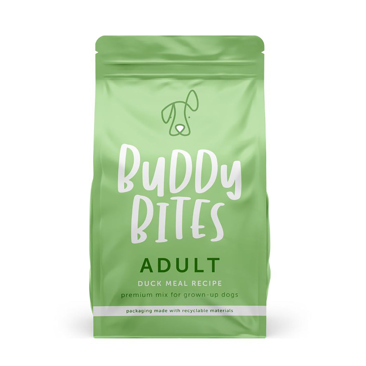 Green BUDDY BITES adult duck meal pouch, front label view