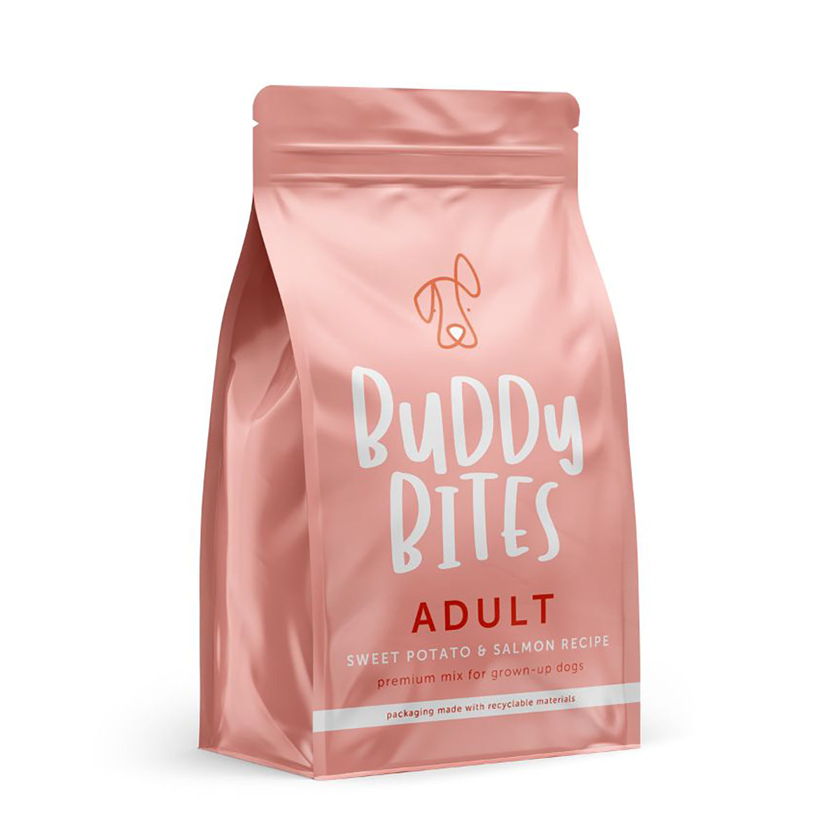 BUDDY BITES adult sweet potato and salmon dog food pouch, angled side view