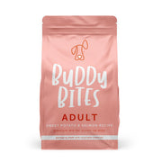 BUDDY BITES adult sweet potato and salmon dog food pouch, front label view
