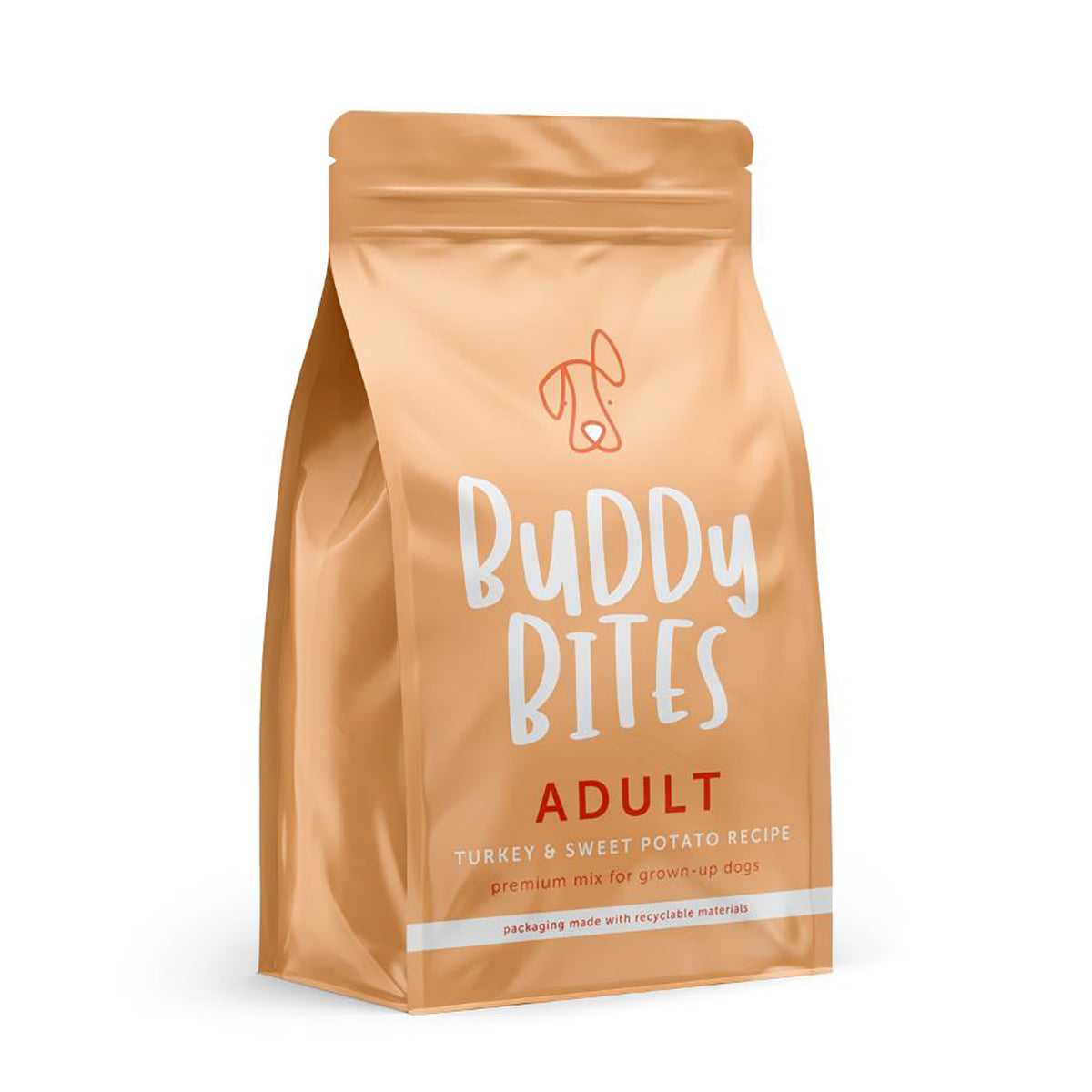 Adult dog treat mix pouch in brown with BUDDY BITES logo, turkey & sweet potato
