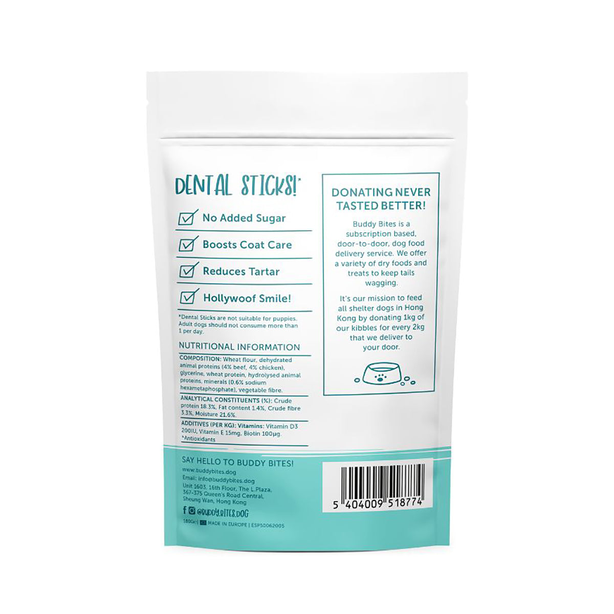 BUDDY BITES dental sticks bag, back panel with nutrition and feeding info