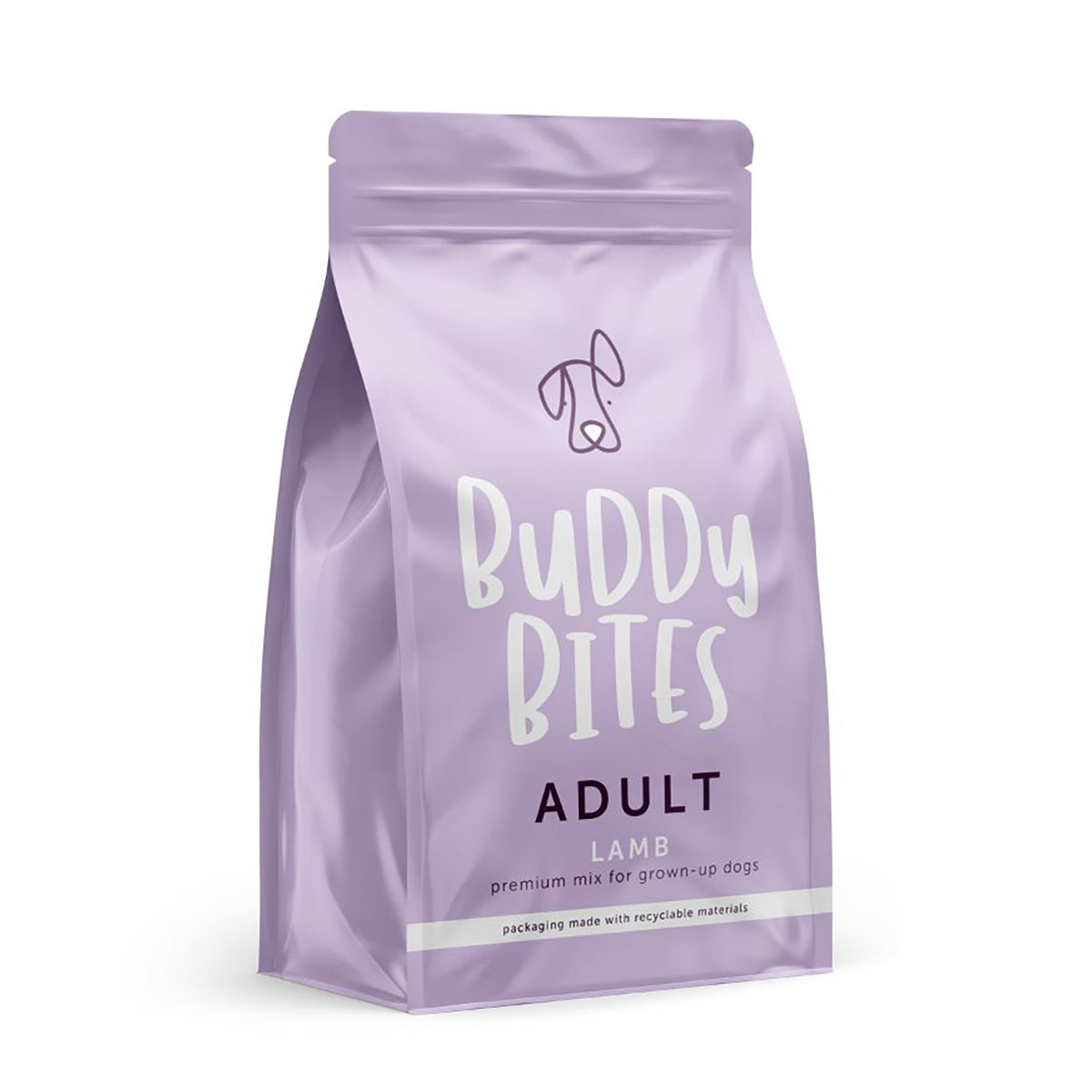 Purple standing Buddy Bites adult lamb dog food pouch with front branding