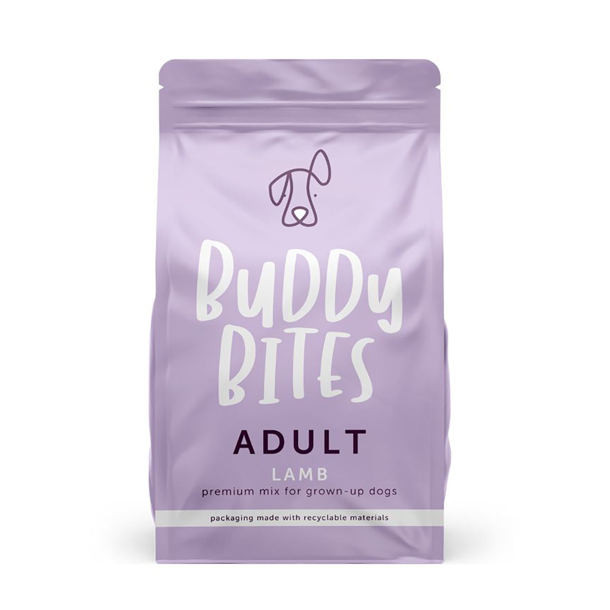 Purple Buddy Bites adult lamb dog food pouch, front label with logo and text