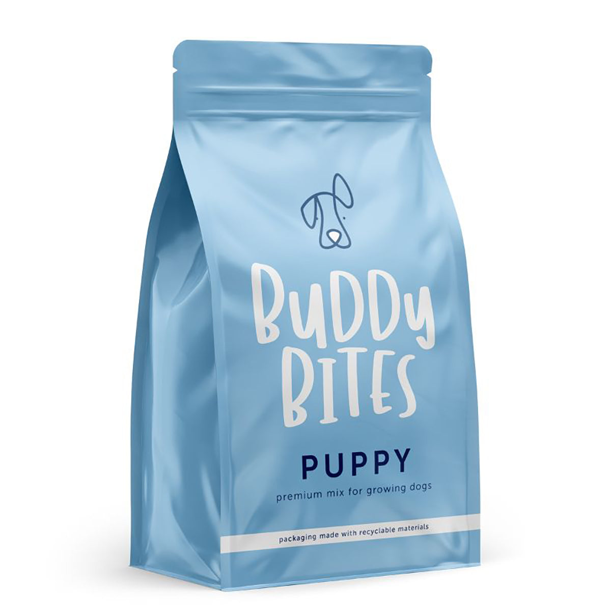 Blue puppy food pouch front view with BUDDY BITES logo and Puppy